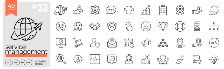 Service management line icon set. Customer service, support, communication, assistance, helpdesk, maintenance, delivery, consultation, feedback, quality, business. Editable stroke. Vector illustration © iconverse