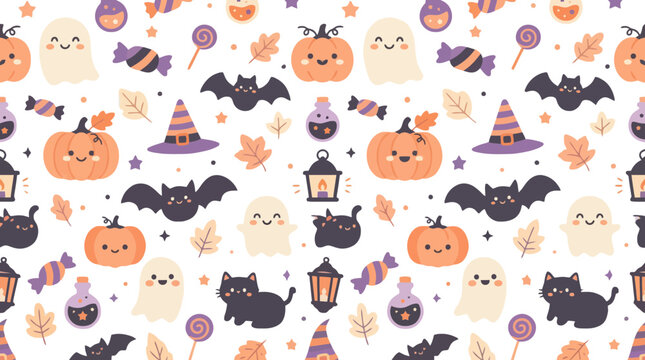 Cute halloween seamless pattern with pumpkins and ghosts vector