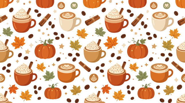 Halloween pumpkin spice coffee and autumn leaves seamless pattern