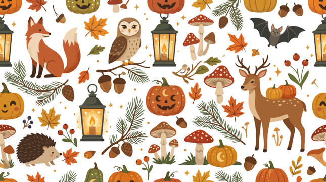Halloween autumn forest animals and pumpkin vector seamless pattern
