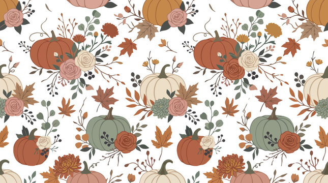 Elegant halloween pumpkin and floral seamless pattern vector