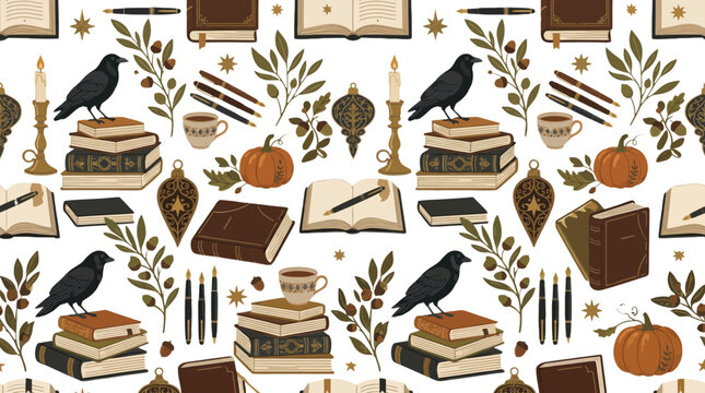 Dark academia halloween pattern with black crows and book stacks