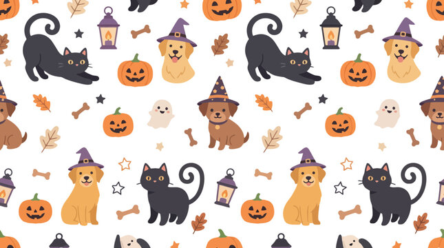 Halloween seamless pattern with cute dogs and cats wearing hats