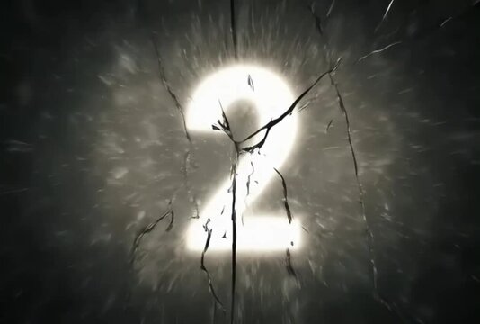 Cinematic countdown number two, glowing white digit behind cracked glass, dramatic noir film intro with dust and scratches