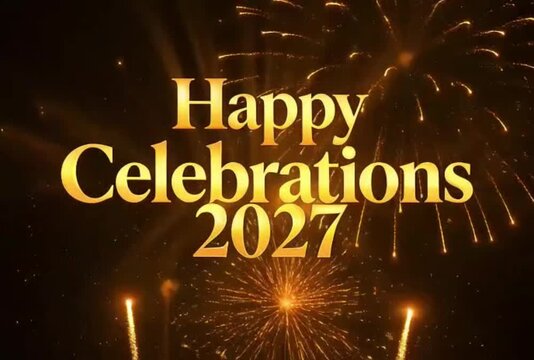 Happy Celebrations 2027 gold typography. Golden fireworks background for New Year. Festive holiday greeting with shimmering sparks.