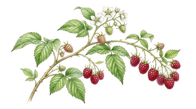 Watercolor illustration of a ripe raspberry branch with green leaves isolated on a white background
