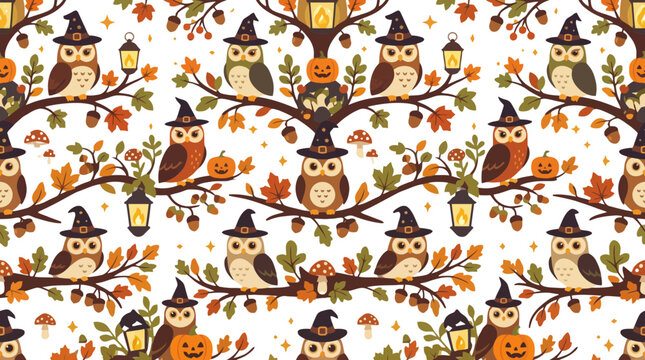 Halloween cute owls on tree branches seamless vector pattern