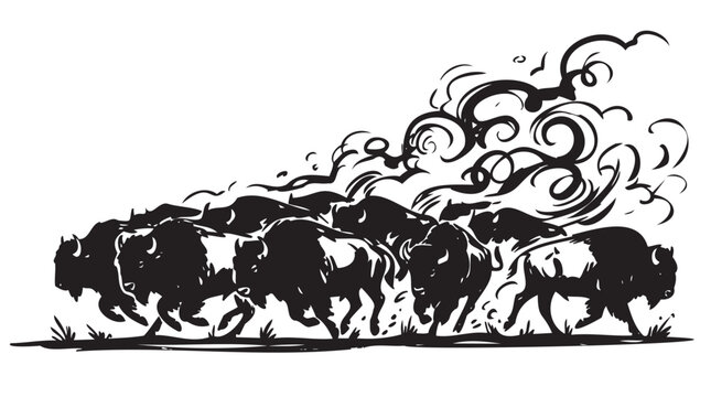 Vintage Western buffalo stampede, wild bison herd running, tribal woodcut texture silhouette, american plains wildlife vector illustration