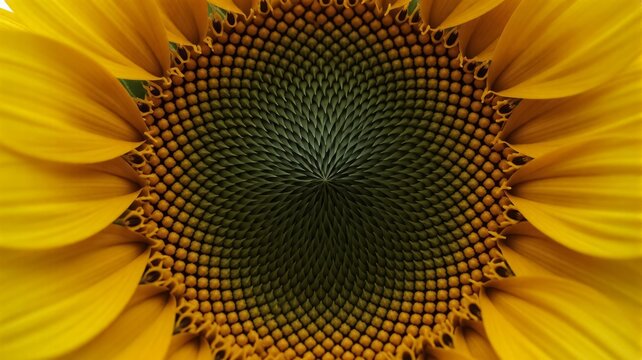 Sunflower center macro geometry and Fibonacci spiral pattern