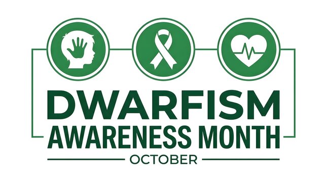 Dwarfism awareness month illustration featuring a green ribbon heart and brain icons to promote support understanding and acceptance during october