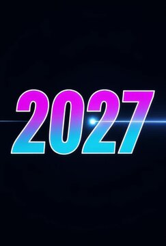 Futuristic 2027 neon typography, glowing pink and blue gradient numbers, cinematic year 2027 title for New Year events and tech promos