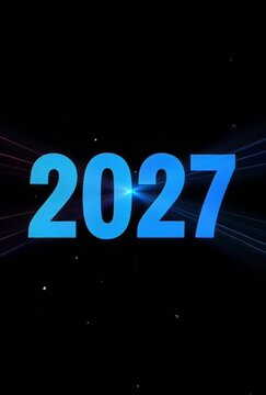 Futuristic 2027 blue neon typography, glowing digital year 2027 on black background, cinematic space aesthetic with light rays