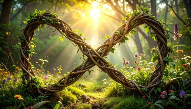 Intricate Woven Vines Forming an Archway amidst Sunlit Forest Path with Wildflowers