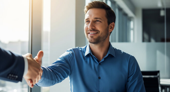 Smiling businessman shaking hands with his partner during a corporate office meeting perfect for a trusted business deal concept