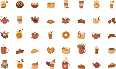 Naklejka premium Autumn Cafe and Bakery Vector Icon Set. 40 Cozy Hand-drawn Flat Illustrations of Coffee, Tea, Pastries, and Seasonal Treats on White Background. Fall Food and Beverage Collection