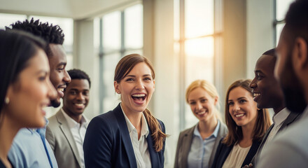 Obraz premium Cheerful corporate team of men and women sharing a laugh during an office meeting perfect for a positive work culture concept