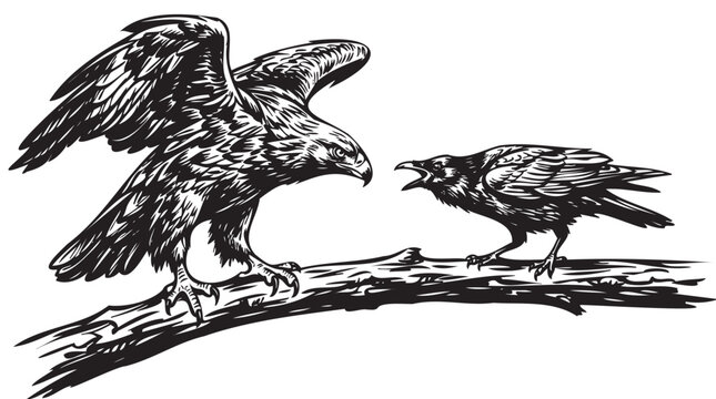 Vintage eagle and crow illustration, Aesop fable engraving style, black and white hand drawn etching, rustic wildlife branch scene, tattoo design vector element