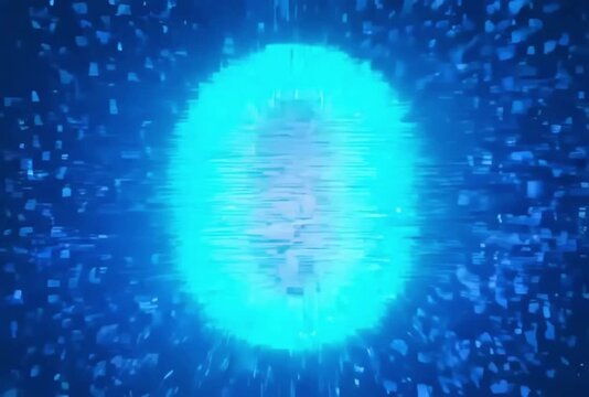 Futuristic blue digital number zero with glitch effect. Glowing neon 0 digit on dark background. Cyberpunk countdown element for tech video.