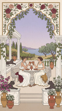 Greek Mythology wedding invitation card design, romantic feast, panthers, ivy leaves, marble porticos 4k
