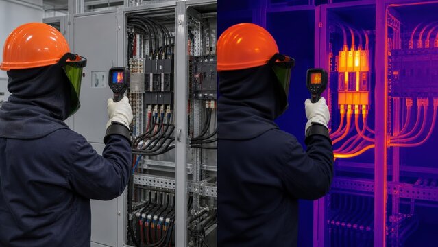 Technician scanning electrical panel with infrared thermal camera