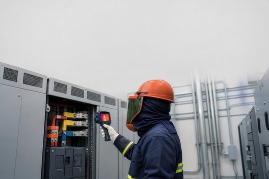Technician inspecting electrical switchgear with thermal camera