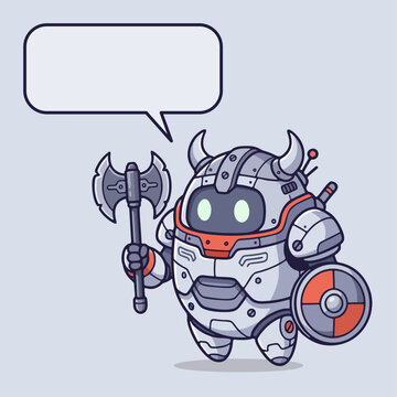 Cute Floating Robot Viking Character in Flat Vector Design, Chibi Fantasy Mecha with Cartoon Illustration on White Background