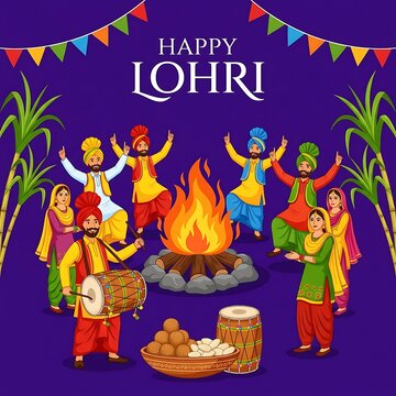 Happy lohri festival celebration with people dancing around bonfire