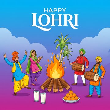 Happy lohri celebration with people dancing and playing dhol