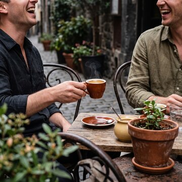 Two male friends laughing and enjoying hot coffee at an outdoor cafe on a charming cobblestone street