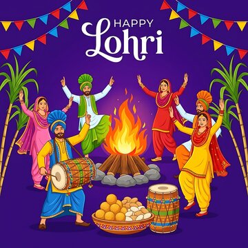 Happy lohri festival celebration with people dancing around bonfire