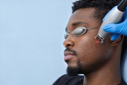 Man receiving laser skin treatment for acne scars in clinic
