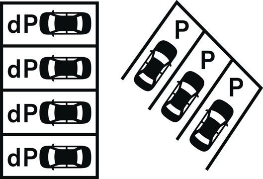 Car parking lot vector icon set featuring parallel perpendicular and angled parking bay top view layout symbols