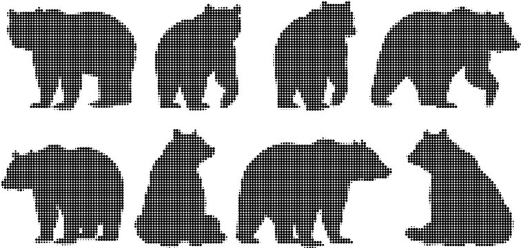 Set of bear silhouettes made of halftone dots, various poses and shapes of grizzly bears, vector illustration