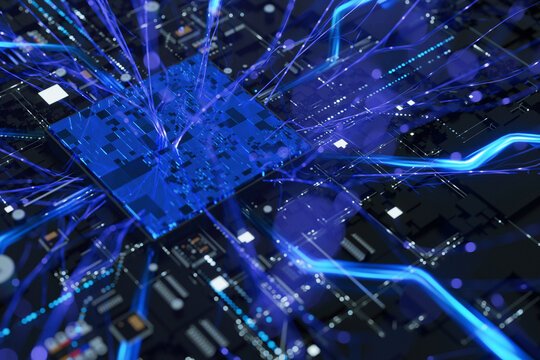 High-tech central processor on a circuit board with glowing blue neural streams, representing artificial intelligence, quantum computing, big data processing, and futuristic digital networks.