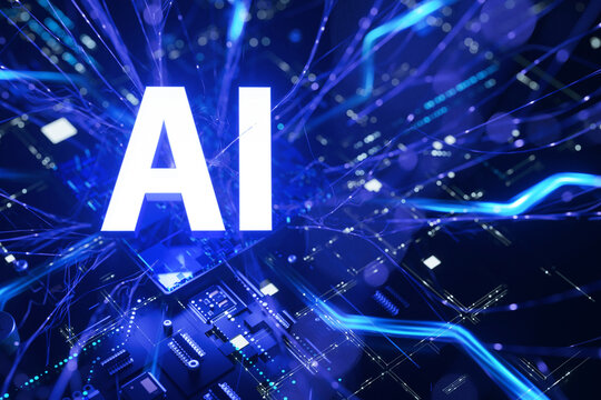 glowing white AI over a motherboard CPU chip. Bright blue light trails explode outwards, symbolizing data flow and neural networks in a futuristic tech setting. digital networks concept.