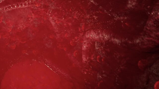 A red background filled with swirling patterns and textures. The shapes create a sense of movement and depth. The overall look is vibrant and dynamic.