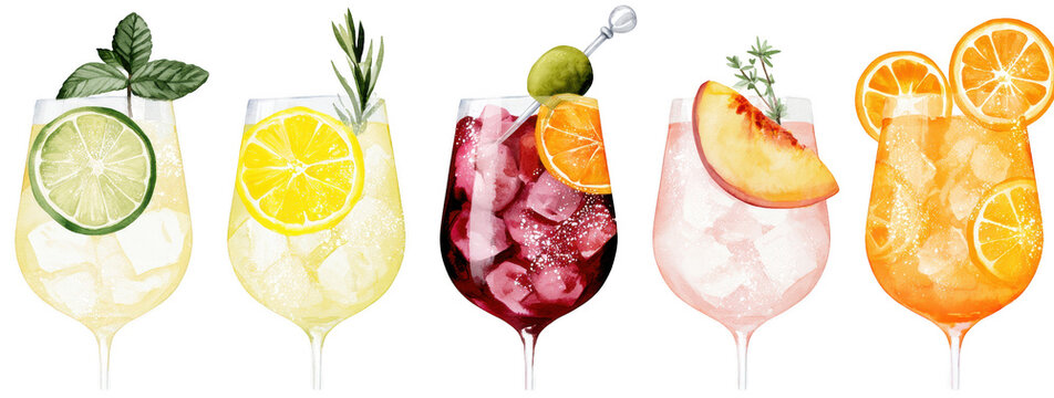 Set of five watercolor cocktails with fruit garnishes on a white background