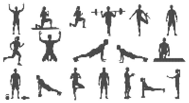 Set of halftone human fitness and yoga exercise silhouettes
