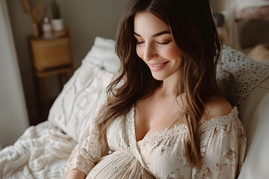 Pregnant woman in a white lace dress resting comfortably on a sofa at home