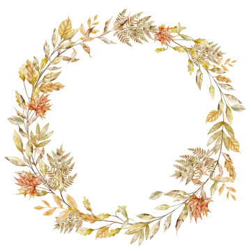 Autumn wreath watercolor illustration with fall leaves, branches, fern and seasonal foliage isolated on background. Botanical circle frame clipart for harvest, Thanksgiving invites and floral designs.