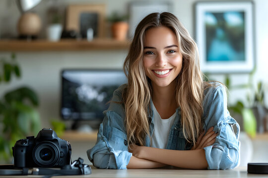 Smiling young woman sitting at a desk with a camera in a home office interior