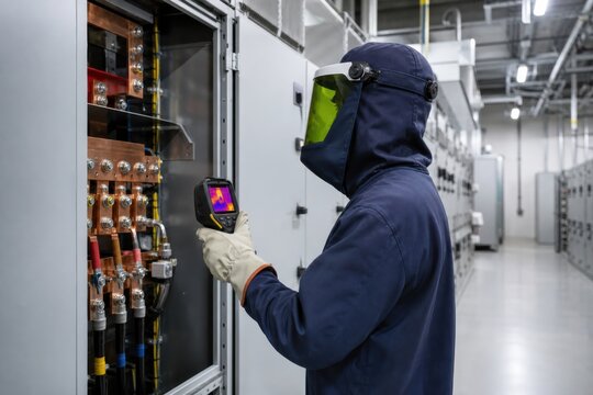 Electrical technician inspecting switchgear with thermal camera