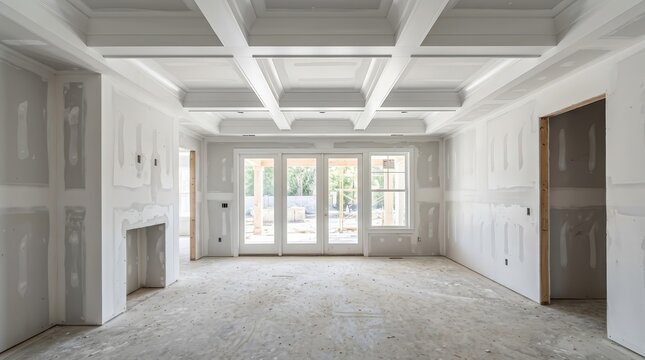 Interior view of a room under construction with plastered drywall and coffered ceiling