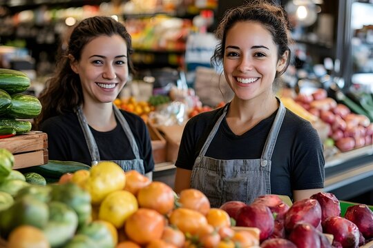 Two cheerful female grocery store clerks smiling while standing behind fresh produce