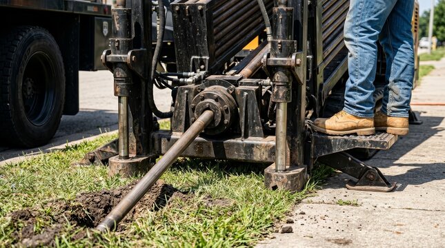 Fiber optic laying using a horizontal directional drilling machine for underground networks.