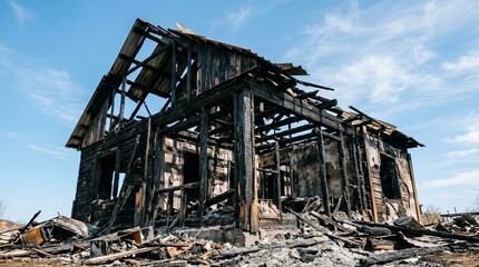 Fototapeta premium Destroyed wooden structure of a village house showing severe fire damage.