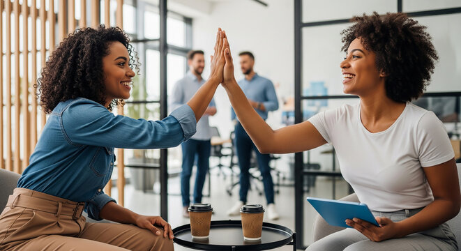 Diverse businesswomen giving a high five with big smiles in a bright modern office perfect for a positive team spirit concept