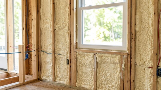 A window surrounded by yellow spray foam insulation coating in a construction site.