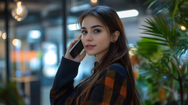 Young woman talking on her smartphone in a modern indoor venue with plants