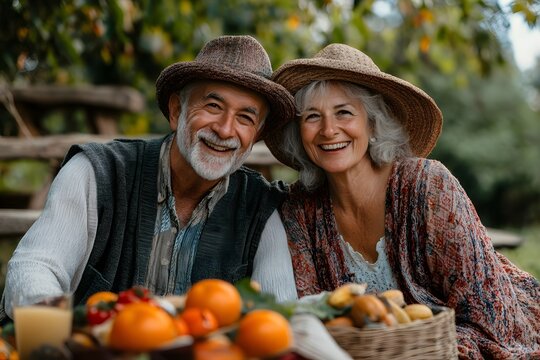 An elderly farming couple smiling outdoors surrounded by fresh fruit and natural rustic elements